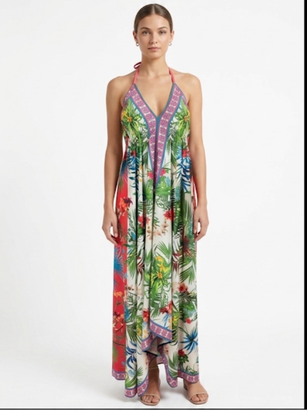 Flying Tomato Tropical Floral Maxi Dress Halter Open Back Large